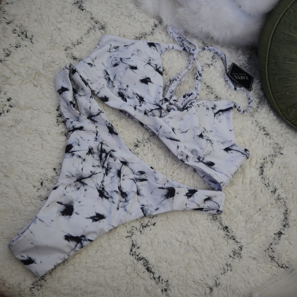 White marble print two piece swim suit L